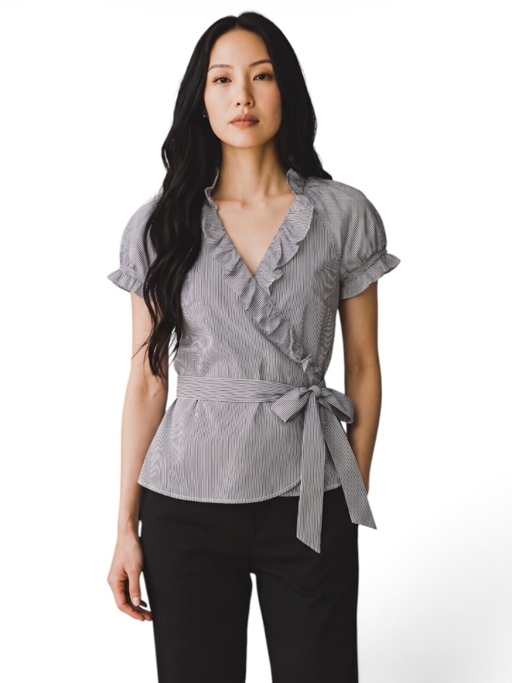 The Limited Striped Wrap Ruffle Short-Sleeve Top